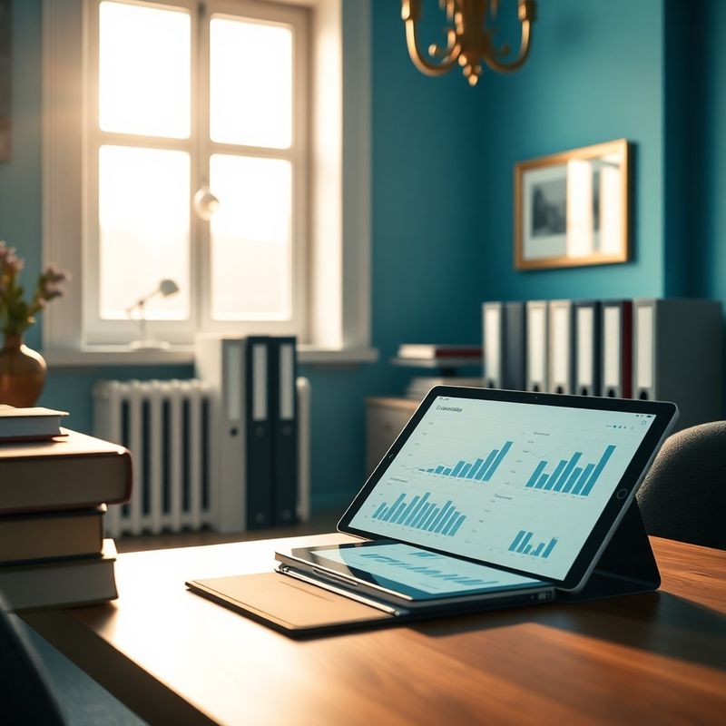 Přehledná kancelář finančního plánování s pořadači a tabletem zobrazujícím grafy