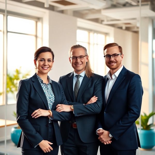 Tři profesionální finanční poradci v moderní kanceláři s modrými akcenty